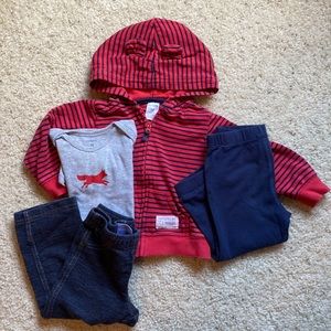 Carter’s 18 month Fox -Red, Gray, and Navy full zip hooded sweat set. 4 pieces